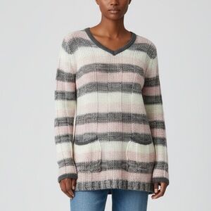 Vintage Striped Fuzzy Sweater Gray Pink White V Neck Pockets Y2K Soft Cozy L